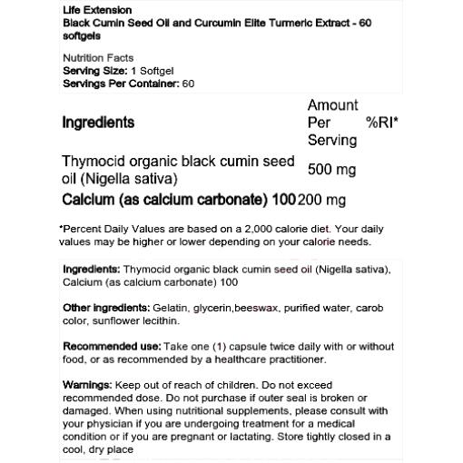 Black Cumin Seed Oil and Curcumin Elite Turmeric Extract - 60 softgels