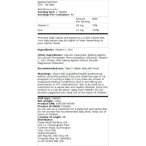 Applied Nutrition - Zinc - 90 tablets - Image 2