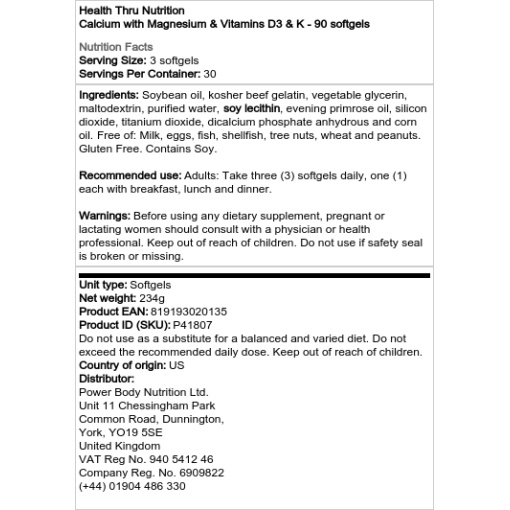 Health Through Nutrition - Calcium with Magnesium and Vitamins D3 and K - 360 Softgels - Image 2