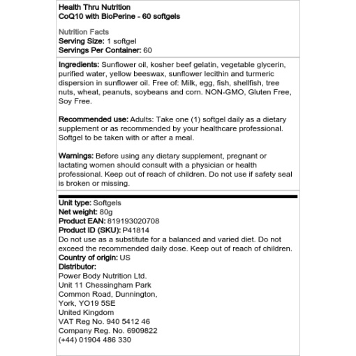 Health Through Nutrition - CoQ10 with BioPerine - 60 Softgels - Image 2