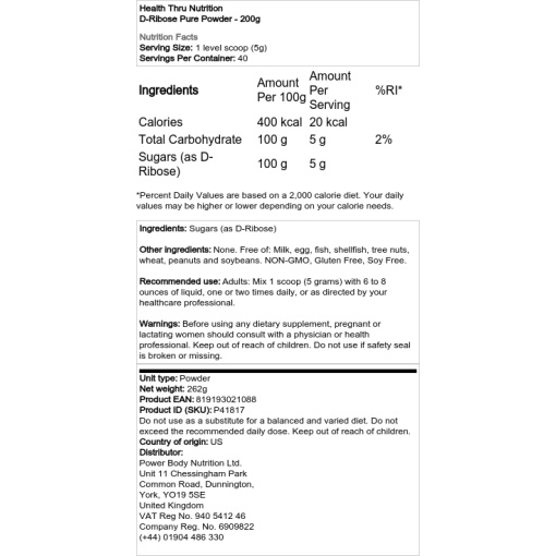 Health Through Nutrition - D-Ribose Pure Powder - 200g - Image 2