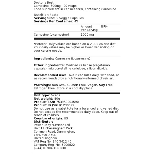 Doctor's Best Carnosine 500 mg - 90 Vcaps - Image 3