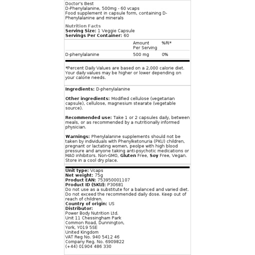 Doctor's Best - D-Phenylalanine, 500mg - 60 vcaps - Image 3