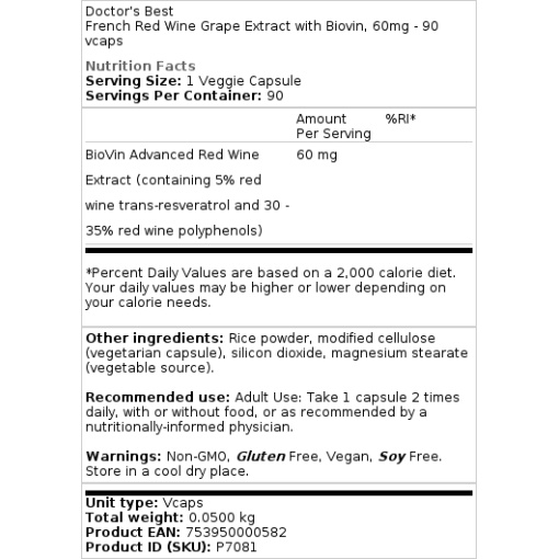 Doctor's Best - French Red Wine Grape Extract with BioVin, 60mg - 90 Vcaps - Image 3