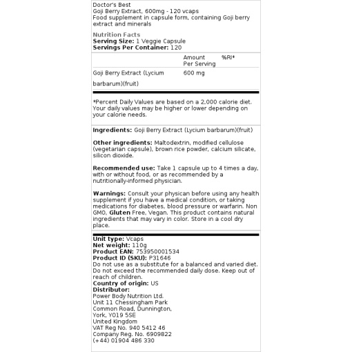 Doctor's Best - Goji Berry Extract, 600 mg - 120 Veggie Caps - Image 3