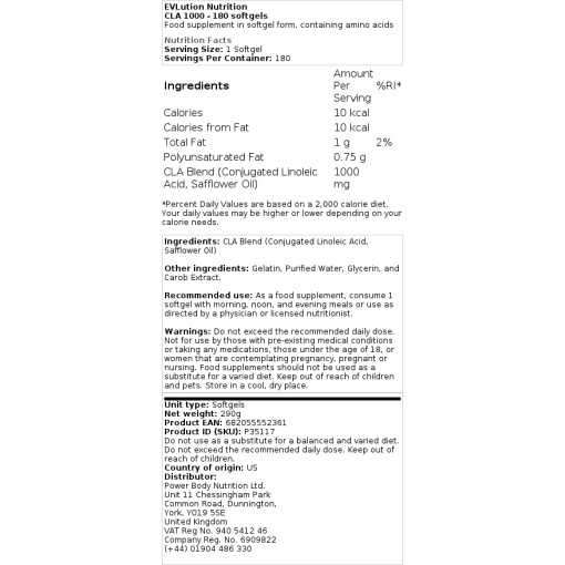 EVLution Nutrition - CLA 1000 - 180 Softgels - Image 2