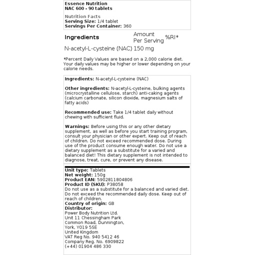 Essence Nutrition - NAC 600 - 90 Tablets - Image 2