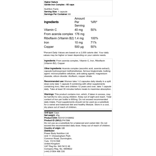 Higher Nature - Gentle Iron Complex - 60 Capsules - Image 2