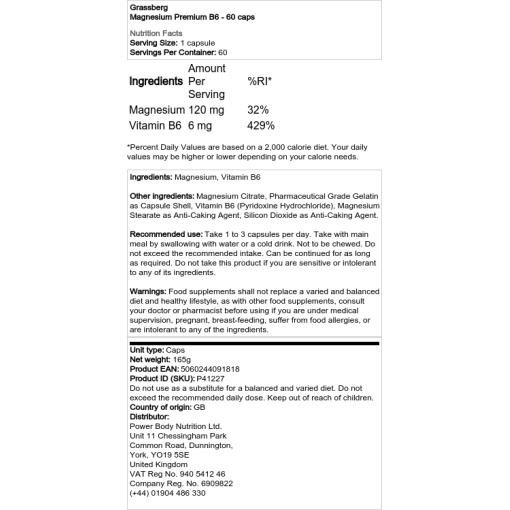 Grassberg - Magnesium Premium B6 - 60 Capsules - Image 2