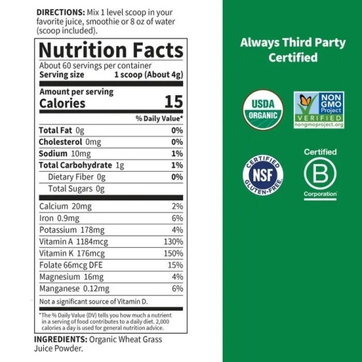 Garden of Life - Raw Organic Perfect Food 100% Organic USA Wheat Grass Juice - 240g - Image 2