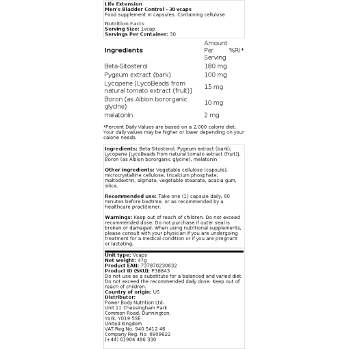 Life Extension - Bladder Control for Men - 30 Capsules - Image 2