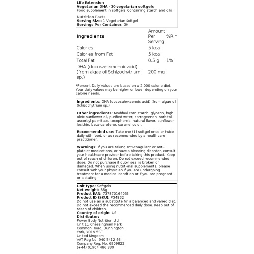 Life Extension - Vegetarian DHA - 30 Vegetarian Softgels - Image 2
