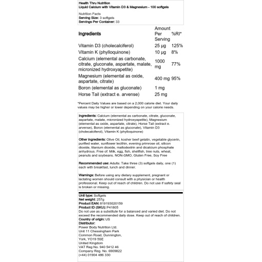 Health Through Nutrition - Liquid Calcium with Vitamin D3 and Magnesium - 100 Softgels - Image 2