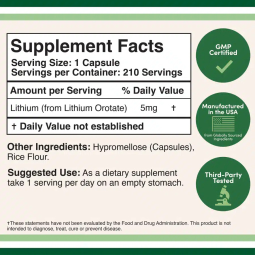 Double Wood - Lithium Orotate 5mg - 210 Vegan Capsules - Image 2