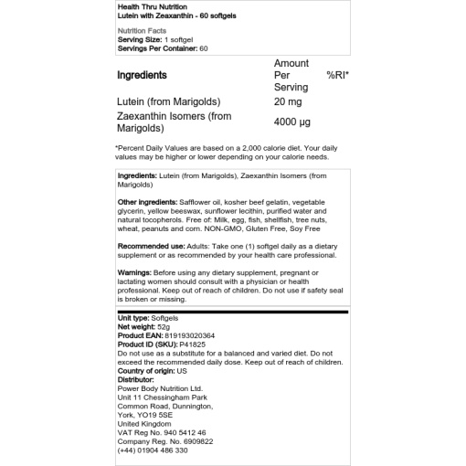 Health Through Nutrition - Lutein with Zeaxanthin - 180 Softgels - Image 2