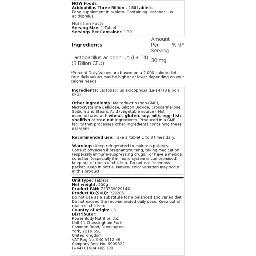 NOW Foods - Acidophilus Three Billion - 180 Tablets - Image 2