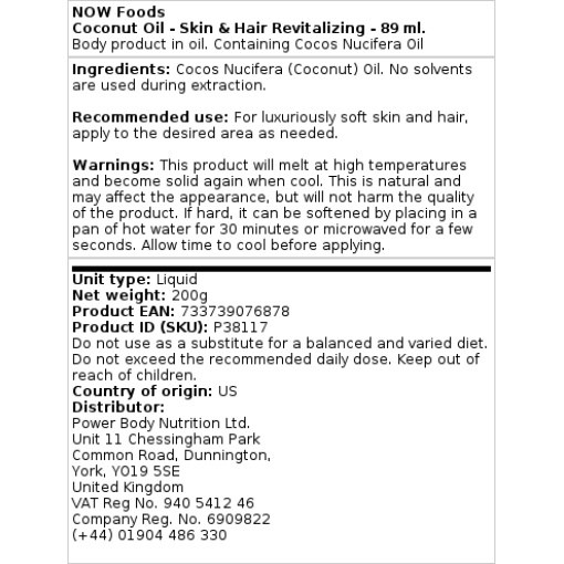 NOW Foods - Coconut Oil - Revitalizing for Skin and Hair - 89 ml - Image 2