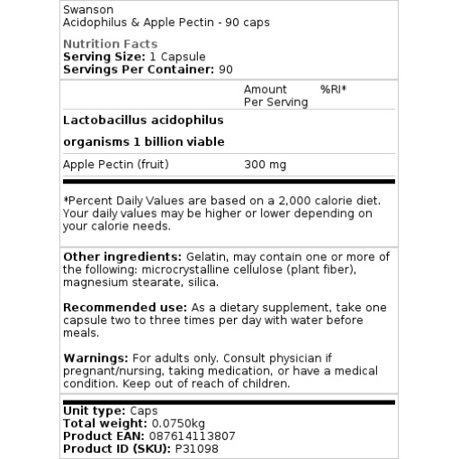 Swanson - Acidophilus & Apple Pectin - 90 Capsules - Image 2