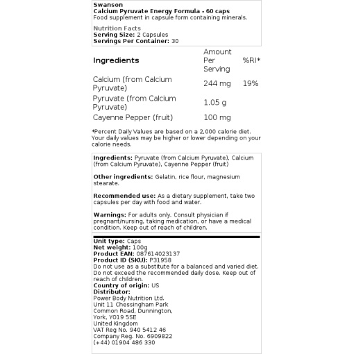 Swanson - Calcium Pyruvate Energy Formula - 60 Capsules - Image 2