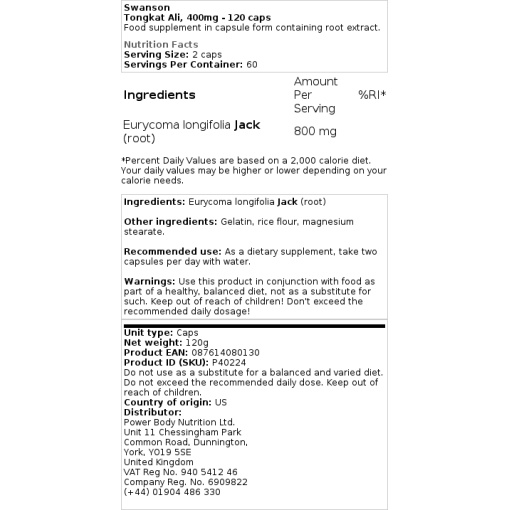 Swanson - Tongkat Ali, 400 mg - 120 Capsules - Image 3