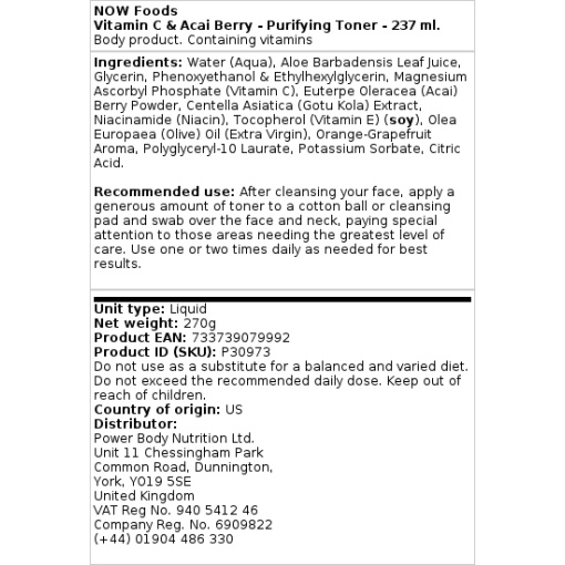 NOW Foods - Vitamin C & Acai Berry - Cleansing Toner - 237 ml - Image 2