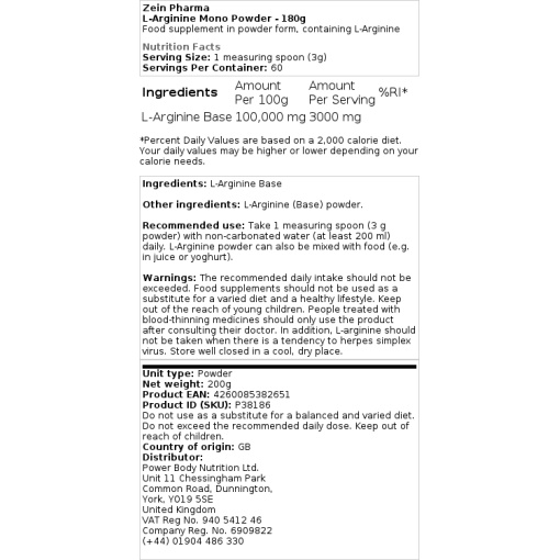 Zein Pharma - L-Arginine Monopowder - 180g - Image 2