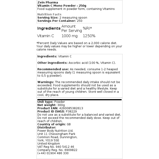Zein Pharma - Vitamin C Monopowder - 250g - Image 2