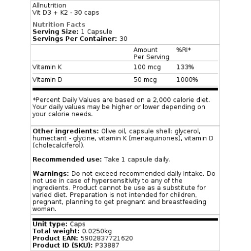 Allnutrition - Vitamin D3 + K2 - 30 Capsules - Image 2