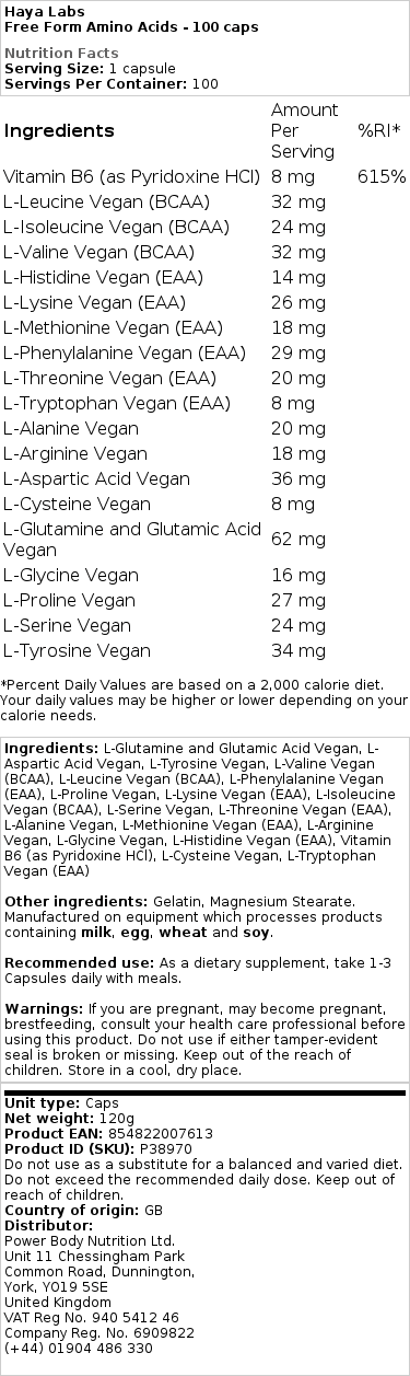 Haya Labs - Free Form Amino Acids - 100 Capsules - Image 2