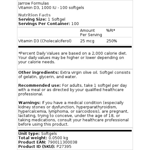 Jarrow Formulas - Vitamin D3, 1000 IU - 100 Softgels - Image 3