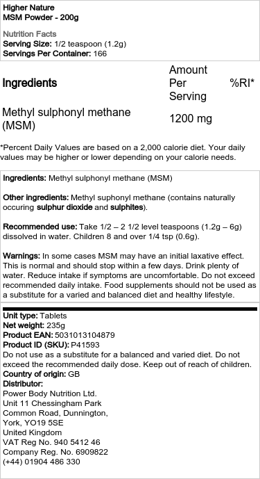 Higher Nature - MSM Powder - 200g - Image 2