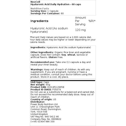 NeoCell - Daily Hydration with Hyaluronic Acid - 60 Capsules - Image 2