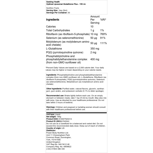 Seeking Health - Optimal Liposomal Glutathione Plus - 150 ml - Image 2