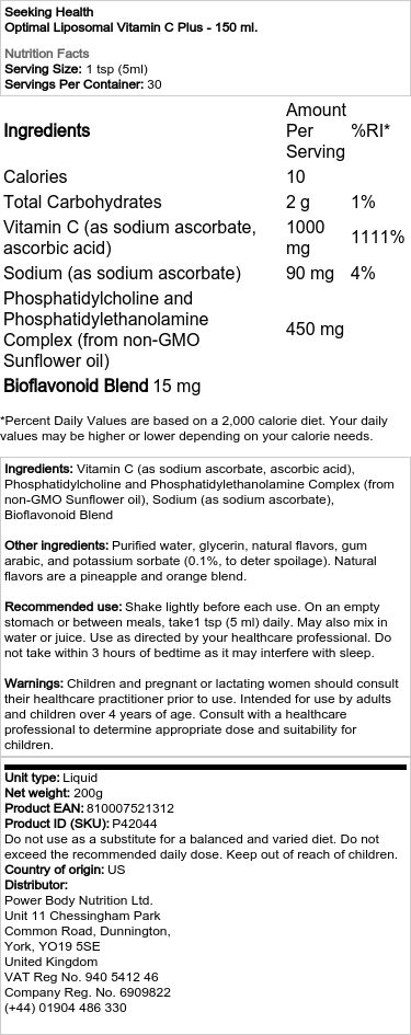 Seeking Health - Optimal Liposomal Vitamin C Plus - 150 ml - Image 2