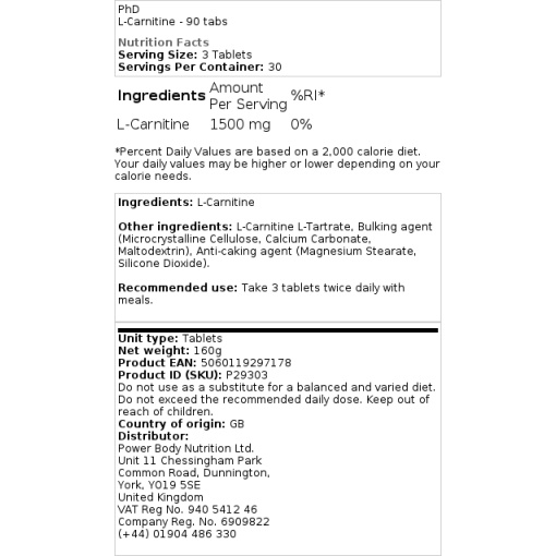 PhD L-Carnitine - 90 Tablets - Image 2