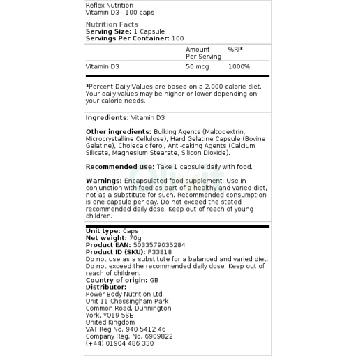 Reflex Nutrition - Vitamin D3 - 100 Capsules - Image 2