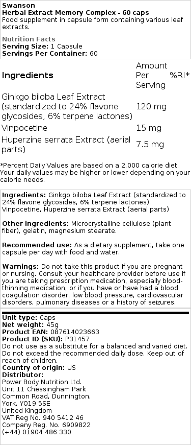 Swanson - Herbal Extract Memory Complex - 60 Capsules - Image 2