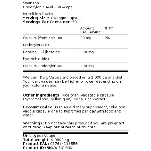 Swanson - Undecylenic Acid - 60 Vegetable Capsules - Image 2
