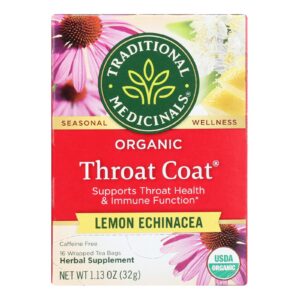 Traditional Medicinals Organic Throat Coat Lemon Echinacea Herbal Tea - Caffeine Free - 16 Bags